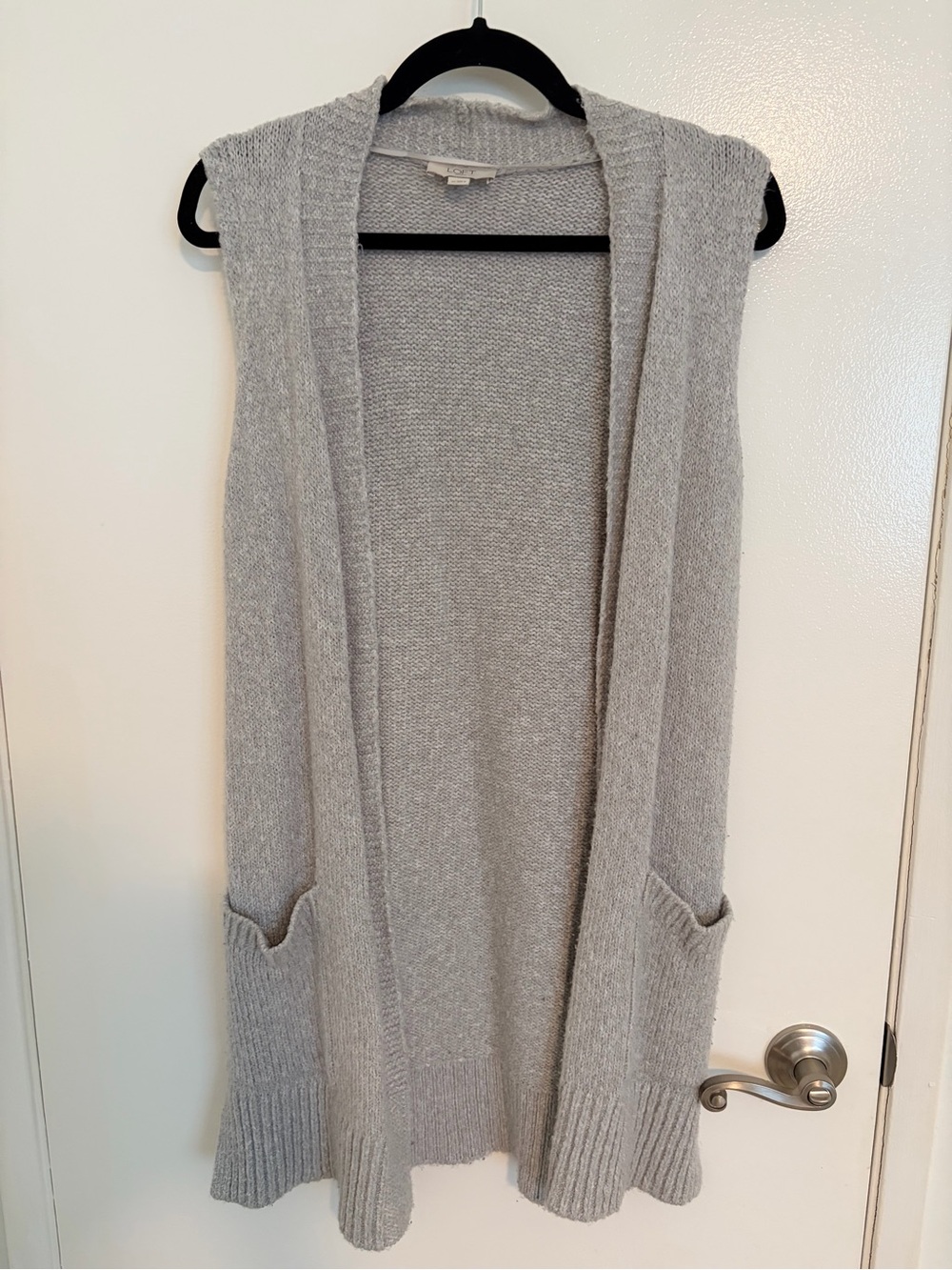 LOFT Heather Gray Knit Sleeveless Long Open-Front Cardigan Sweater Vest